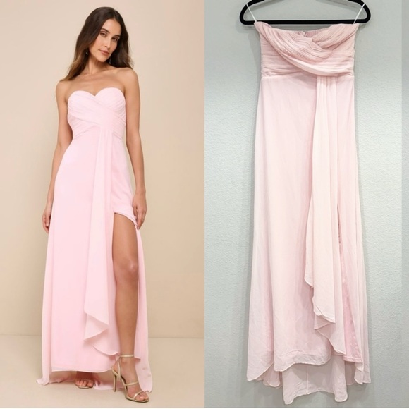 Sz M - NWOT Lulus Splendid Aura Light Pink Chiffon Pleated Strapless Maxi Dress - Picture 1 of 9